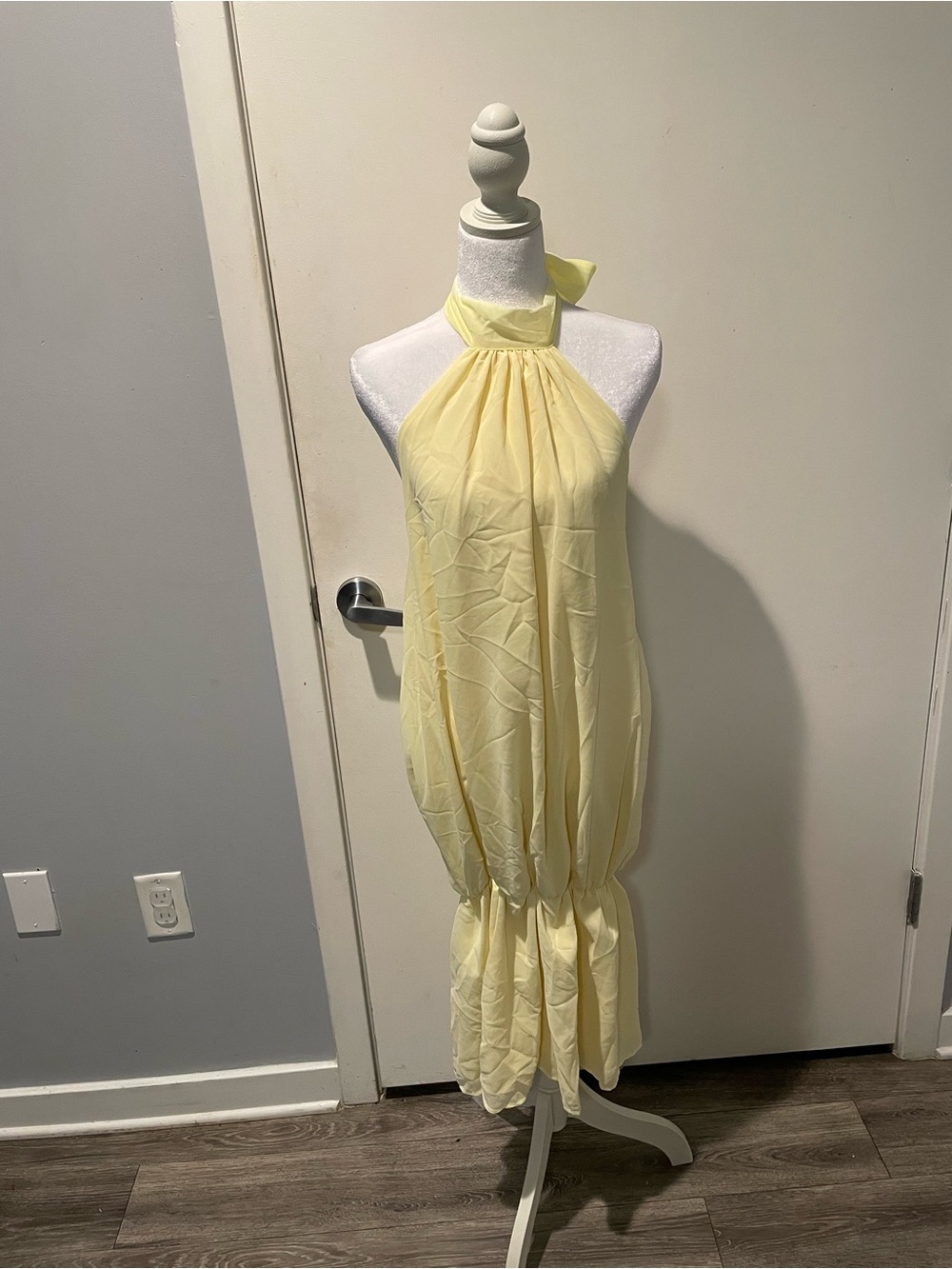 Sleeveless Pale Yellow Halter Bubble-Hem Dress